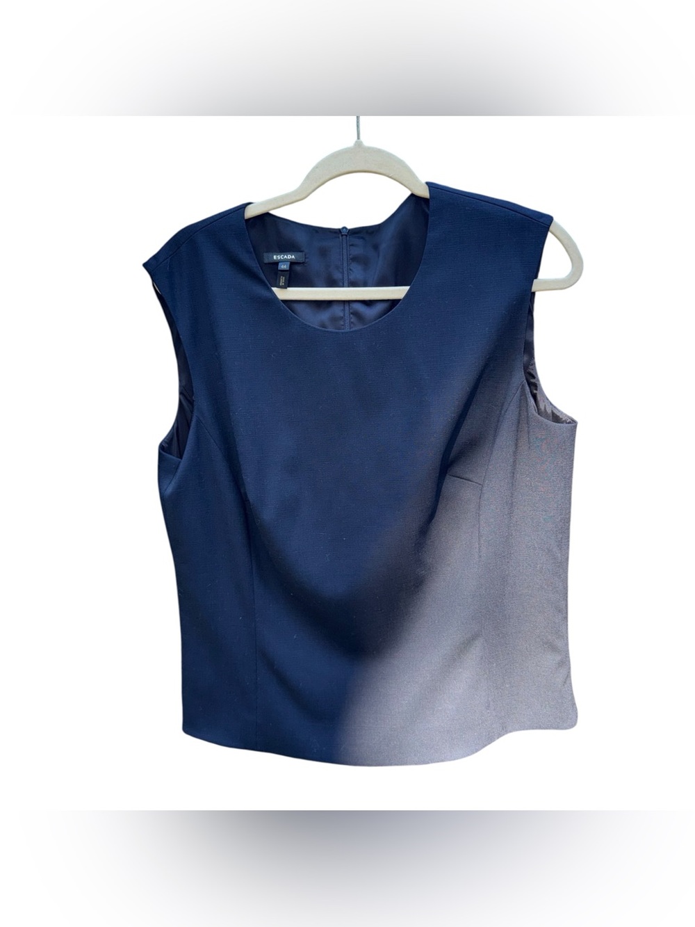 ESCADA Wool Lined Tank Top Shell Sleeveless Navy Blue Blouse Zipper Size Large